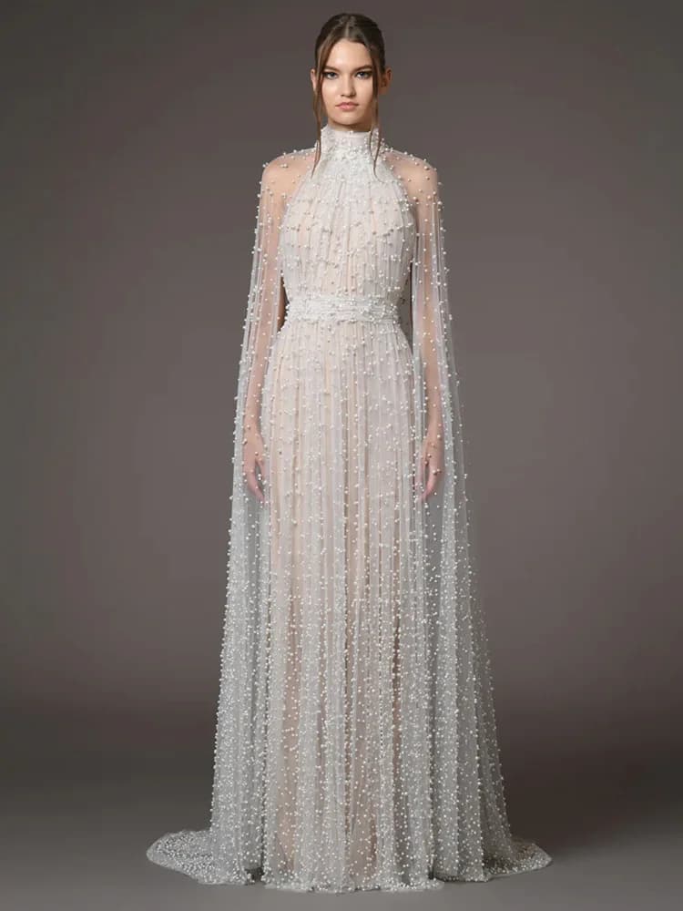 HIGH STREET Newest Fashion 2026 Designer Party Vestido Women's Pearls Beaded Gauze Long Maxi Dress