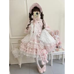 Lolita Pink Dress Women's Sweet Slim Fit Bow Lace with Cape Short Dress Set Spring New Blue Dress + Pin Bow + Neita + Cape