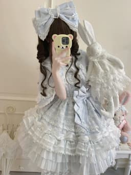 Lolita Pink Dress Women's Sweet Slim Fit Bow Lace with Cape Short Dress Set Spring New Blue Dress + Pin Bow + Neita + Cape