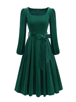 Tonval Red Velvet Christmas Elegant Party Women Dress Square Neck Long Bishop Sleeve Autumn Winter Belted Swing Dresses