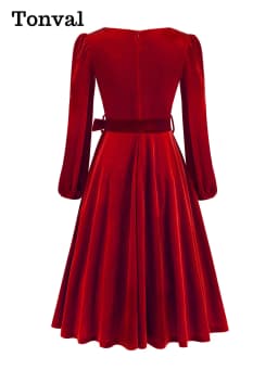 Tonval Red Velvet Christmas Elegant Party Women Dress Square Neck Long Bishop Sleeve Autumn Winter Belted Swing Dresses