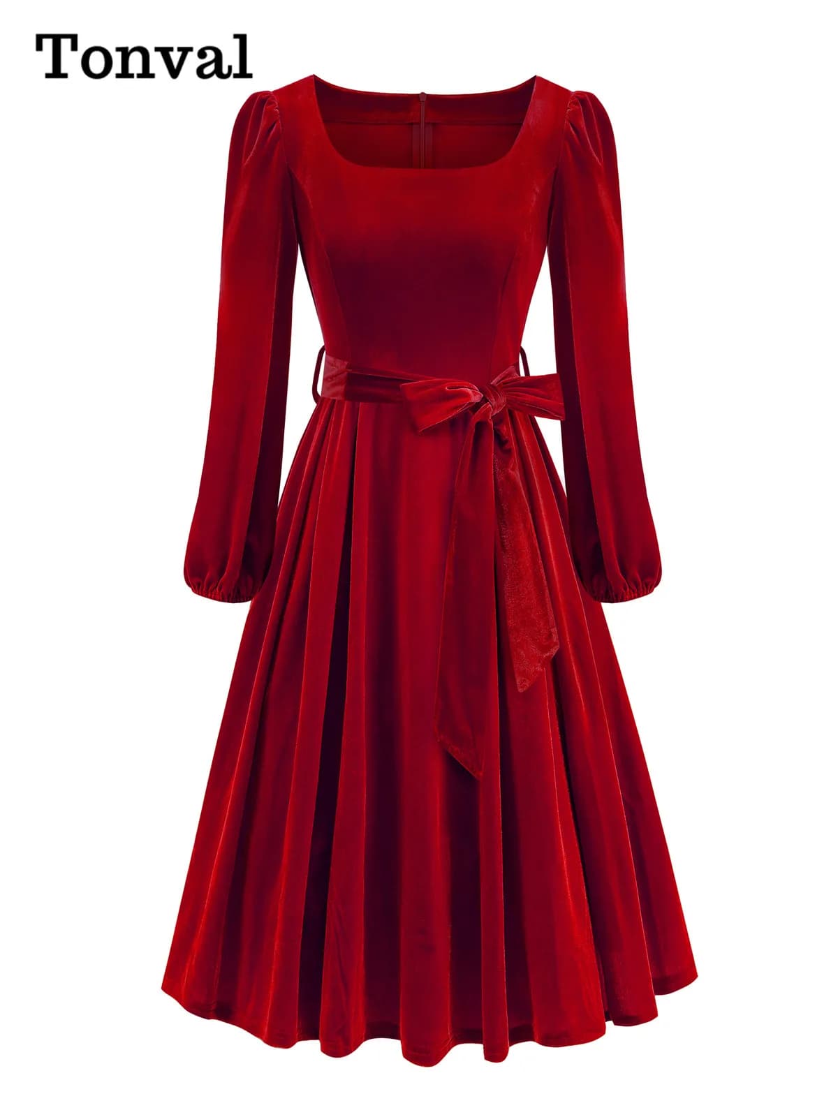Tonval Red Velvet Christmas Elegant Party Women Dress Square Neck Long Bishop Sleeve Autumn Winter Belted Swing Dresses