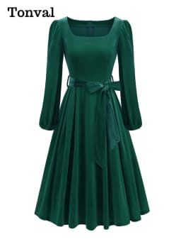 Tonval Red Velvet Christmas Elegant Party Women Dress Square Neck Long Bishop Sleeve Autumn Winter Belted Swing Dresses