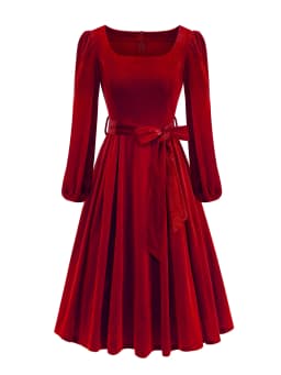 Tonval Red Velvet Christmas Elegant Party Women Dress Square Neck Long Bishop Sleeve Autumn Winter Belted Swing Dresses