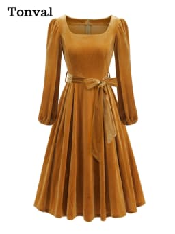 Tonval Red Velvet Christmas Elegant Party Women Dress Square Neck Long Bishop Sleeve Autumn Winter Belted Swing Dresses