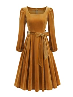 Tonval Red Velvet Christmas Elegant Party Women Dress Square Neck Long Bishop Sleeve Autumn Winter Belted Swing Dresses