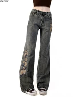 Retro Floral Embroidered Low-rise Flared Jeans Retro Street Low-rise Slim Jeans Harajuku Style Y2k Aesthetic Women's Pants 2025