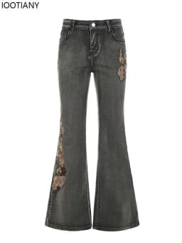 Retro Floral Embroidered Low-rise Flared Jeans Retro Street Low-rise Slim Jeans Harajuku Style Y2k Aesthetic Women's Pants 2025