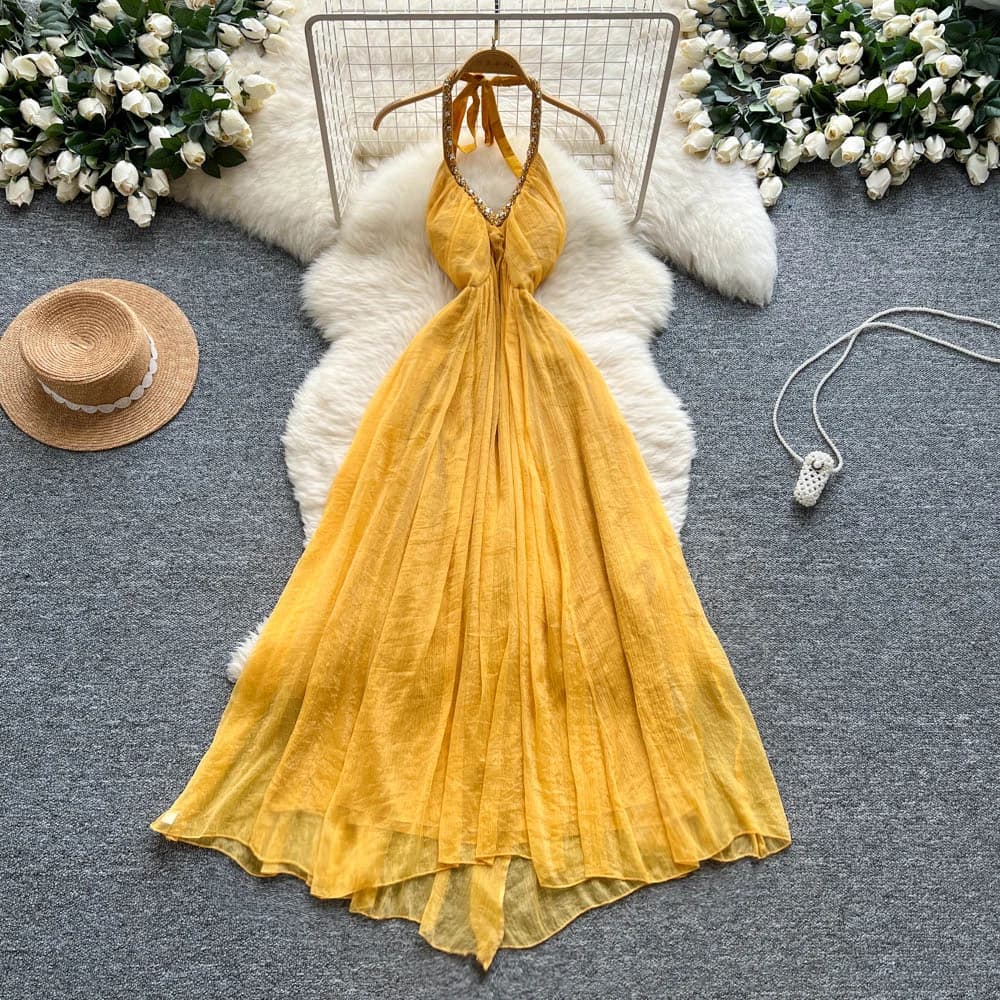 Chic vintage V-neck chiffon sleeveless dress Elegant Fairy korean fashion Boho Sundress women clothing