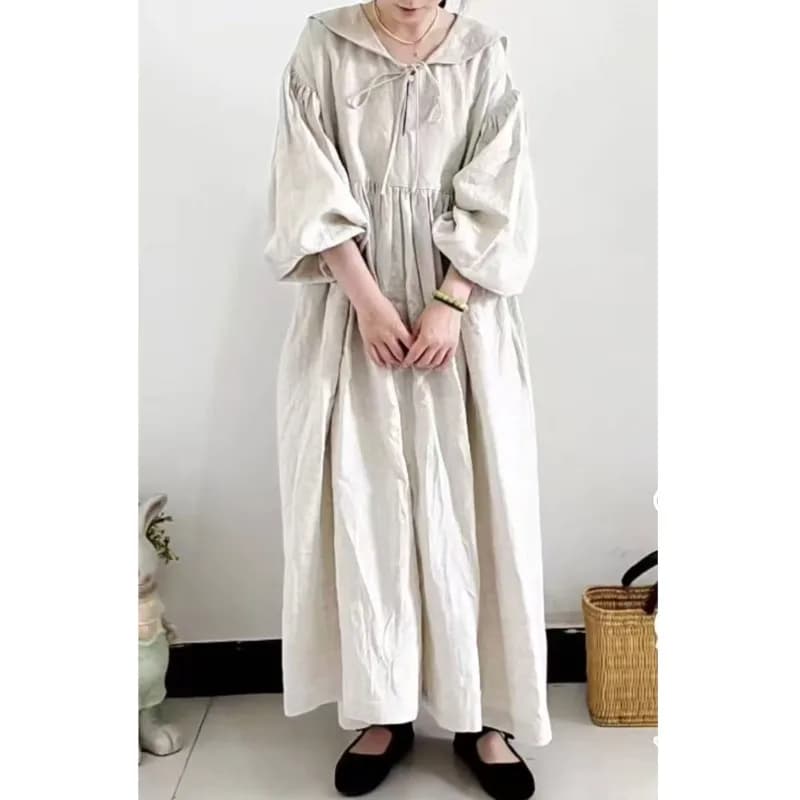 Johnature Retro Linen Doll Collar Long Sleeve Dress Loose Solid Color Casual New Women Long Dresses For Spring Autumn