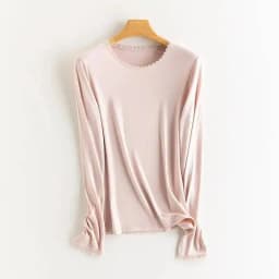 Autumn Women Lace T-Shirt,Round Neck 6% Silk Long Sleeve Soft Slim Fit Basic Bottoming Tops