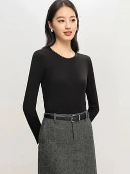 Autumn Women Lace T-Shirt,Round Neck 6% Silk Long Sleeve Soft Slim Fit Basic Bottoming Tops