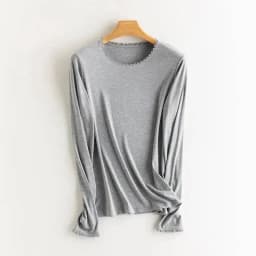 Autumn Women Lace T-Shirt,Round Neck 6% Silk Long Sleeve Soft Slim Fit Basic Bottoming Tops