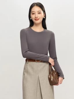 Autumn Women Lace T-Shirt,Round Neck 6% Silk Long Sleeve Soft Slim Fit Basic Bottoming Tops
