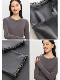 Autumn Women Lace T-Shirt,Round Neck 6% Silk Long Sleeve Soft Slim Fit Basic Bottoming Tops