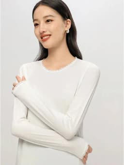 Autumn Women Lace T-Shirt,Round Neck 6% Silk Long Sleeve Soft Slim Fit Basic Bottoming Tops