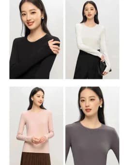 Autumn Women Lace T-Shirt,Round Neck 6% Silk Long Sleeve Soft Slim Fit Basic Bottoming Tops
