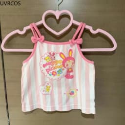 Japanese Sweet Crop Tops Grunge Y2k Cartoon Embroidery Pink Stripe Tank Top Kawaii Clothes Harajuku Aesthetic Patchwork Lace Tee