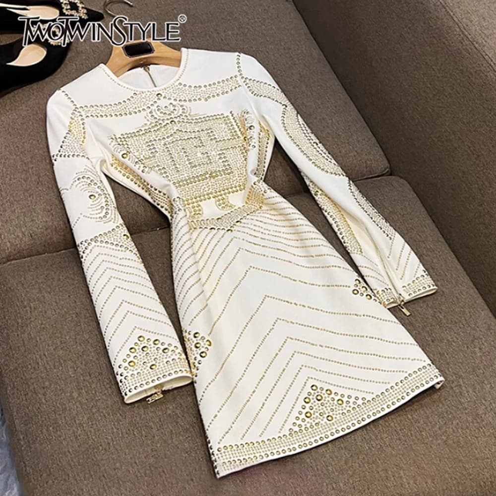 TWOTWINSTYLE Luxury Slimming Mini Dresses For Women Round Neck Long Sleeve High Waist Elegant Dress Female Fashion New KDR545695