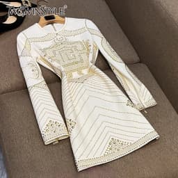 TWOTWINSTYLE Luxury Slimming Mini Dresses For Women Round Neck Long Sleeve High Waist Elegant Dress Female Fashion New KDR545695