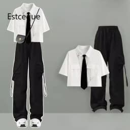 New 2025 Summer Pant Suit Woman Korean Loose Solid Two-piece Set Women's Shirt + Pants Womens Two Peice Sets