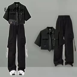 New 2025 Summer Pant Suit Woman Korean Loose Solid Two-piece Set Women's Shirt + Pants Womens Two Peice Sets
