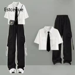 New 2025 Summer Pant Suit Woman Korean Loose Solid Two-piece Set Women's Shirt + Pants Womens Two Peice Sets