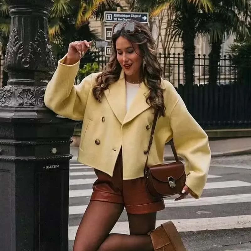YENKYE New Women Yellow Double Breasted Short Woolen Coat Long Sleeve Lapel Collar Elegant Outerwear Chic Lady Autumn Outfits