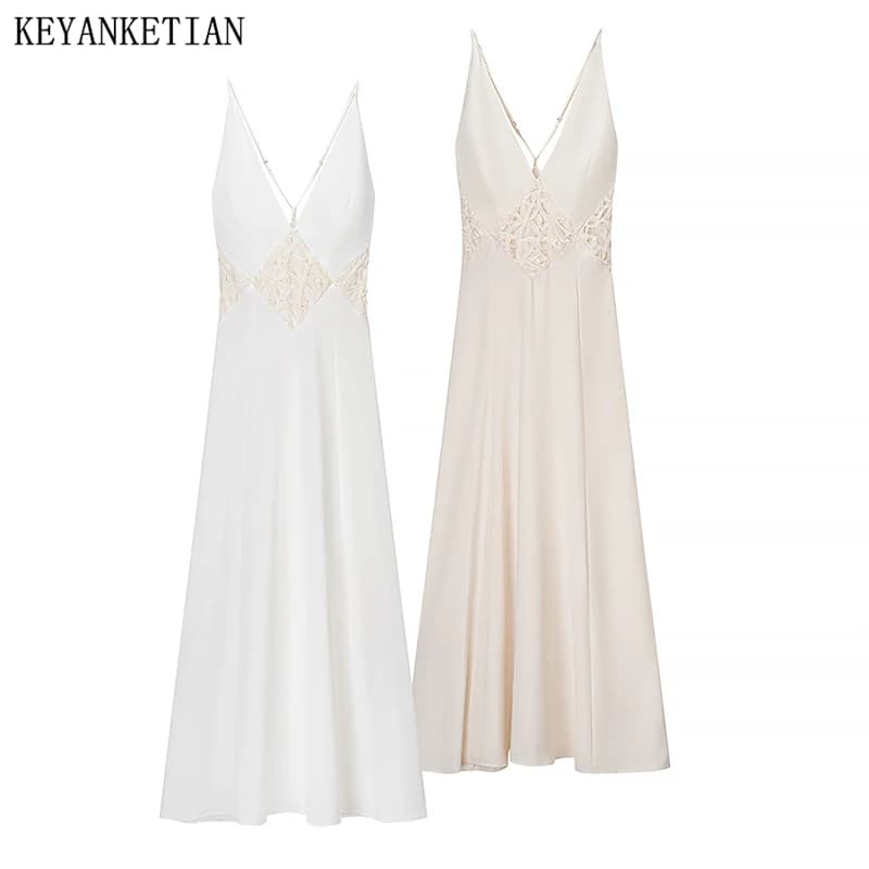 KEYANKETIAN 2025 Summer New Hollow out Patchwork Backless Spaghetti Strap Satin MIDI Dresses French Style Women's Long Dress