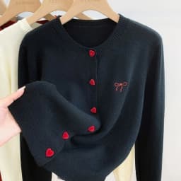 2025 Women's Autumn Embroidery Bow Knitwears Fashion Long Sleeve Heart Button Comfortable Cardigan Top Korean Ladies Sweaters