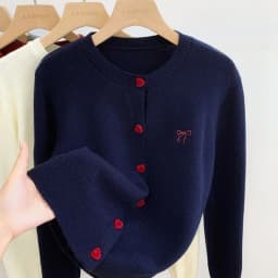 2025 Women's Autumn Embroidery Bow Knitwears Fashion Long Sleeve Heart Button Comfortable Cardigan Top Korean Ladies Sweaters
