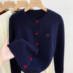 2025 Women's Autumn Embroidery Bow Knitwears Fashion Long Sleeve Heart Button Comfortable Cardigan Top Korean Ladies Sweaters