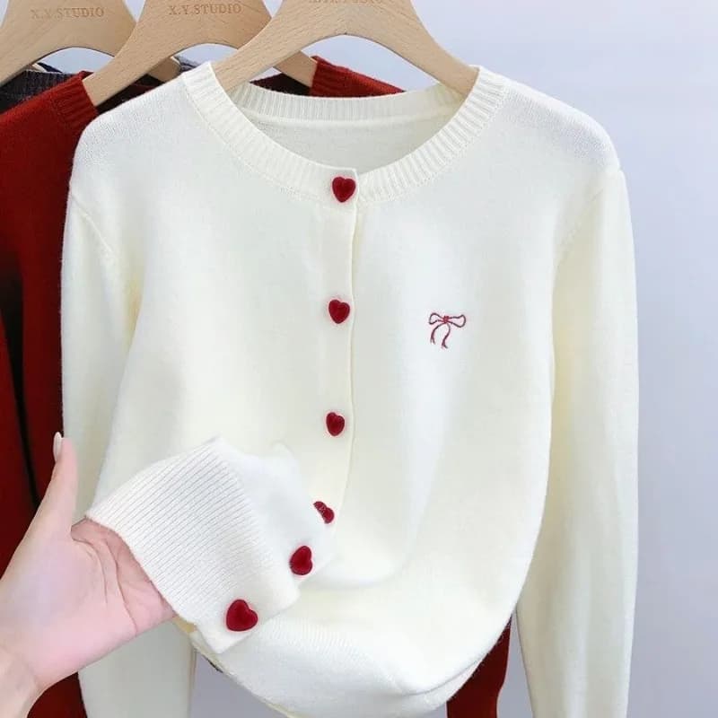 2025 Women's Autumn Embroidery Bow Knitwears Fashion Long Sleeve Heart Button Comfortable Cardigan Top Korean Ladies Sweaters