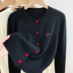 2025 Women's Autumn Embroidery Bow Knitwears Fashion Long Sleeve Heart Button Comfortable Cardigan Top Korean Ladies Sweaters