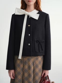 DUSHU Women's Black Wool Short Blazer With Bow Detail Structured Shoulder Slimming Cropped Jacket Top Elegant Boutique Style