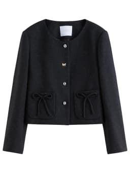 DUSHU Women's Black Wool Short Blazer With Bow Detail Structured Shoulder Slimming Cropped Jacket Top Elegant Boutique Style