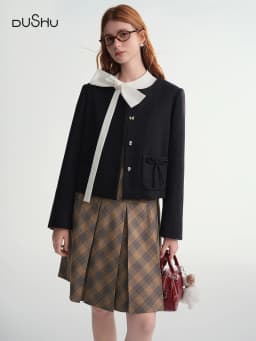 DUSHU Women's Black Wool Short Blazer With Bow Detail Structured Shoulder Slimming Cropped Jacket Top Elegant Boutique Style