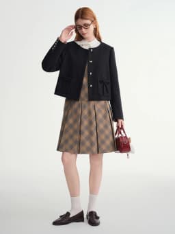 DUSHU Women's Black Wool Short Blazer With Bow Detail Structured Shoulder Slimming Cropped Jacket Top Elegant Boutique Style