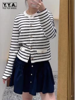 Chic Sequin Fashion Striped O-Neck Women Knitted Jacket Autumn French Style Short Top Daily Casual Single Breasted Knitwear Coat