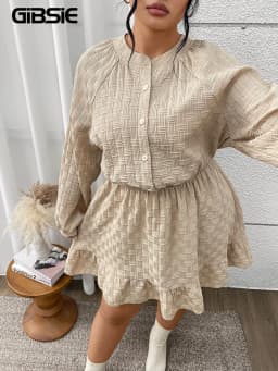 GIBSIE Plus Size Solid Buttons O-Neck Long Sleeve Shirt Dress Women 2025 Autumn Elastic Waist Casual Ruffle Hem Short Dresses