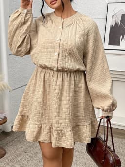 GIBSIE Plus Size Solid Buttons O-Neck Long Sleeve Shirt Dress Women 2025 Autumn Elastic Waist Casual Ruffle Hem Short Dresses