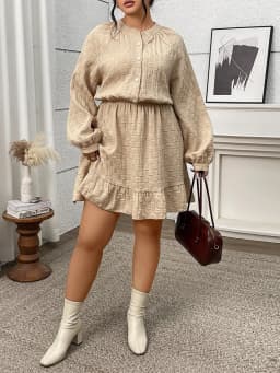 GIBSIE Plus Size Solid Buttons O-Neck Long Sleeve Shirt Dress Women 2025 Autumn Elastic Waist Casual Ruffle Hem Short Dresses