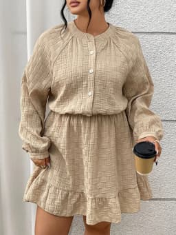 GIBSIE Plus Size Solid Buttons O-Neck Long Sleeve Shirt Dress Women 2025 Autumn Elastic Waist Casual Ruffle Hem Short Dresses