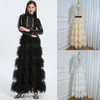 Elegant Embroidered Sequins Long Dresses Autumn Women Layer Ruffles Cake Full Sleeve Evening Party Vestidos Mesh Tulle Long Robe