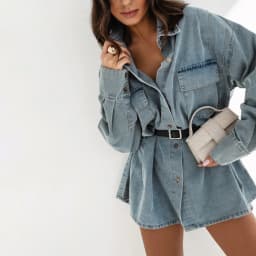 2025 summer and autumn new European and American women's clothing long-sleeved pockets old retro loose denim shirt 5-032502