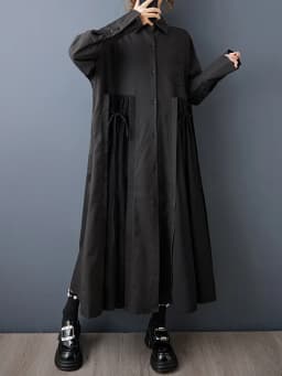 Black Vintage Lace-Up Pleated Shirt Dresses For Women 2026 Autumn New In Long Sleeve Loose Casual Dress Fashion Elegant Clothing