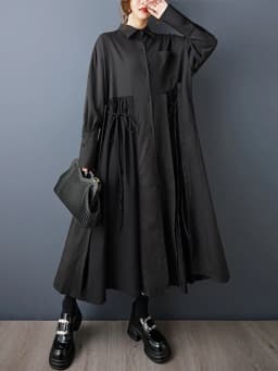 Black Vintage Lace-Up Pleated Shirt Dresses For Women 2026 Autumn New In Long Sleeve Loose Casual Dress Fashion Elegant Clothing