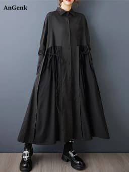 Black Vintage Lace-Up Pleated Shirt Dresses For Women 2026 Autumn New In Long Sleeve Loose Casual Dress Fashion Elegant Clothing