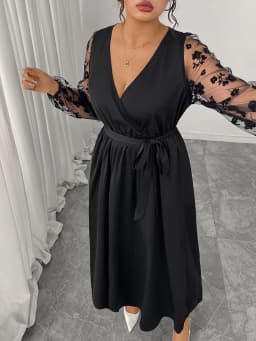 GIBSIE Plus Size Elegant V-Neck Mesh Sleeve Belted Dress Women 2025 Autumn High Waist Black A-line Evening Party Long Dresses