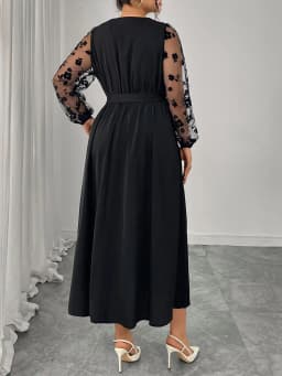 GIBSIE Plus Size Elegant V-Neck Mesh Sleeve Belted Dress Women 2025 Autumn High Waist Black A-line Evening Party Long Dresses
